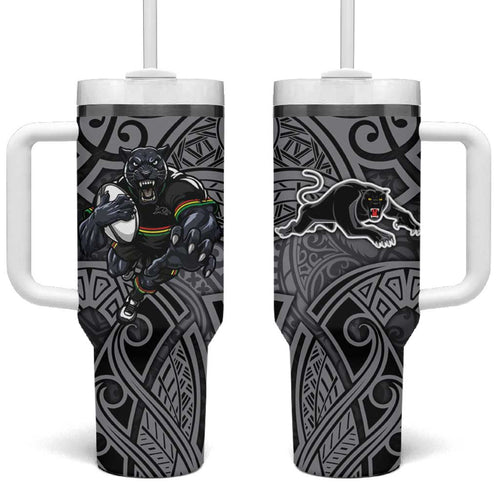 Penrith Panthers Rugby Tumbler With Handle Polynesian Tribal Panther Warrior Black Grey Pattern