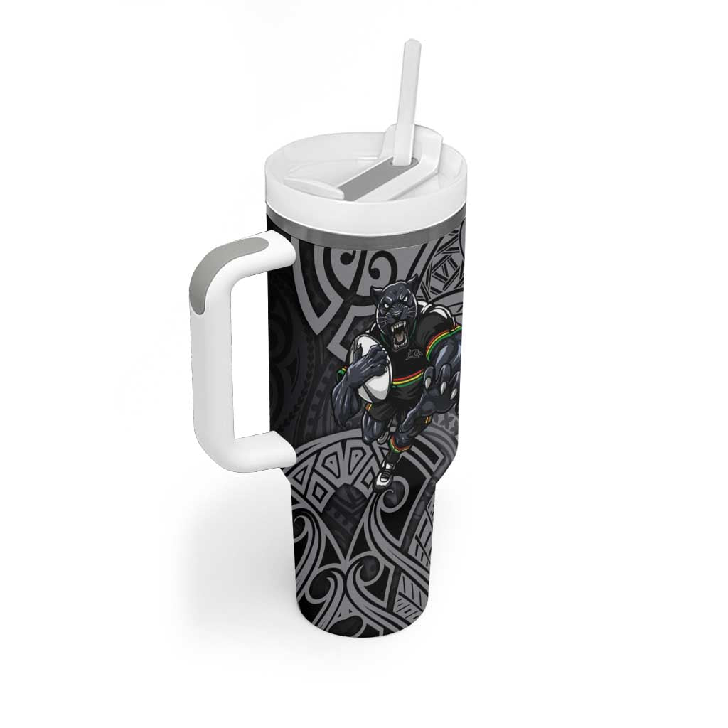 Penrith Panthers Rugby Tumbler With Handle Polynesian Tribal Panther Warrior Black Grey Pattern