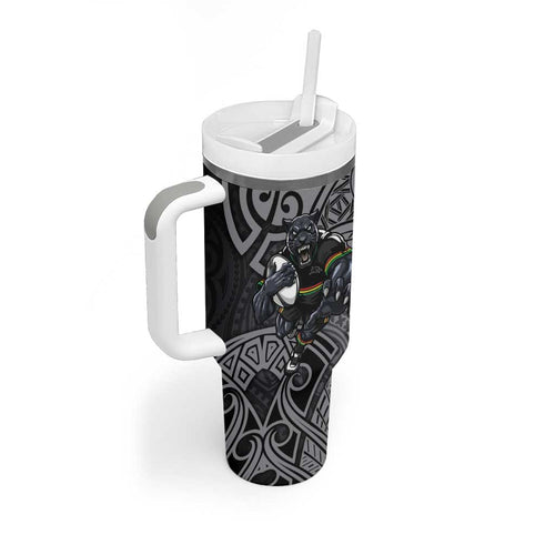 Penrith Panthers Rugby Tumbler With Handle Polynesian Tribal Panther Warrior Black Grey Pattern