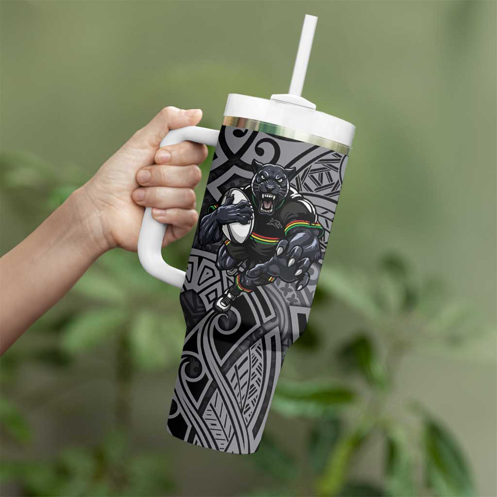 Penrith Panthers Rugby Tumbler With Handle Polynesian Tribal Panther Warrior Black Grey Pattern