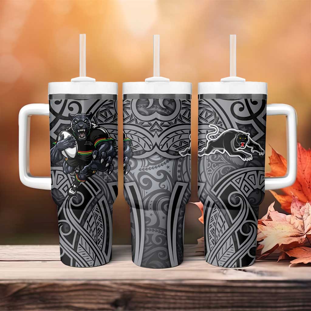 Penrith Panthers Rugby Tumbler With Handle Polynesian Tribal Panther Warrior Black Grey Pattern