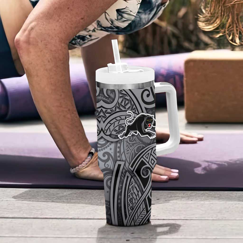 Penrith Panthers Rugby Tumbler With Handle Polynesian Tribal Panther Warrior Black Grey Pattern