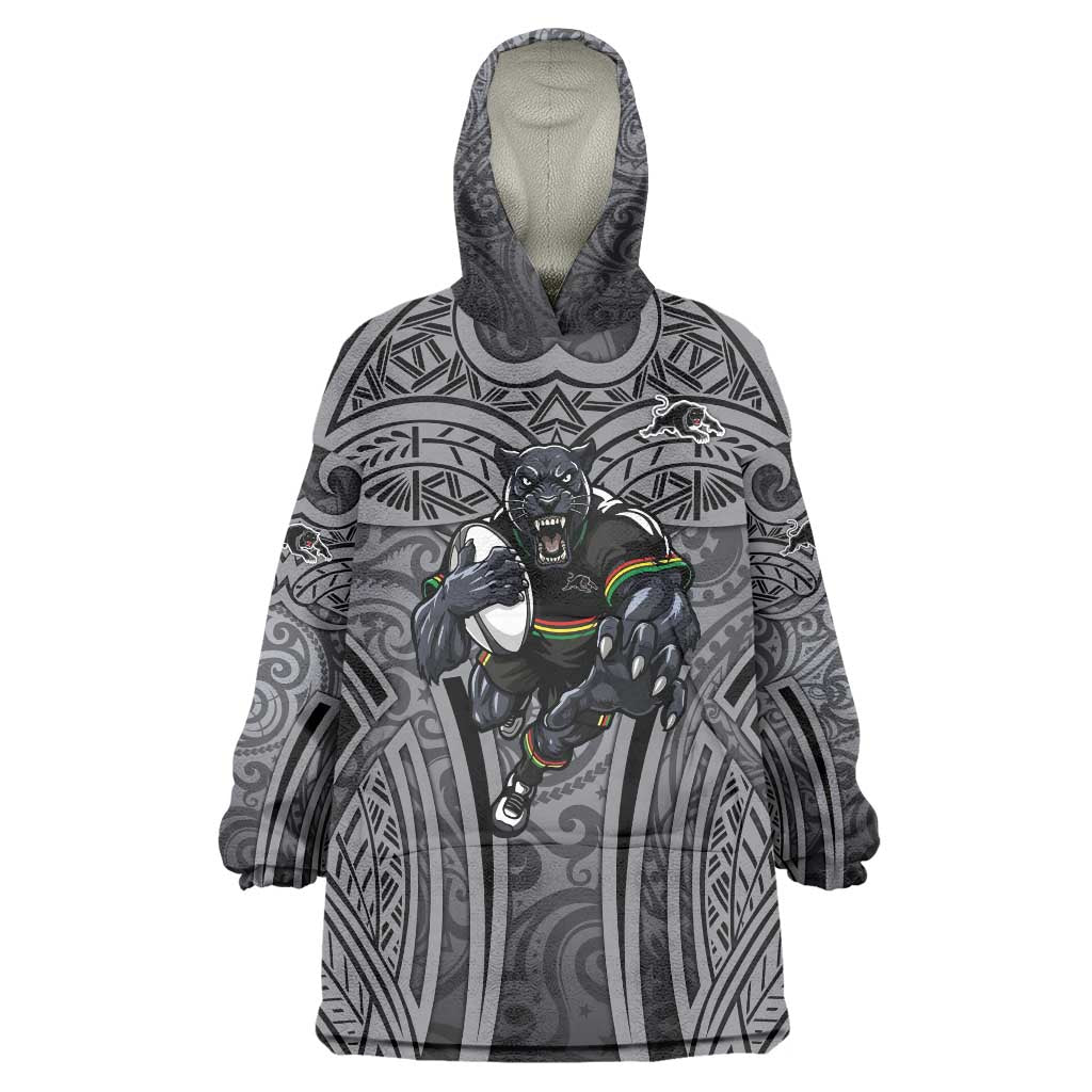 Penrith Panthers Rugby Wearable Blanket Hoodie Polynesian Tribal Panther Warrior Black Grey Pattern