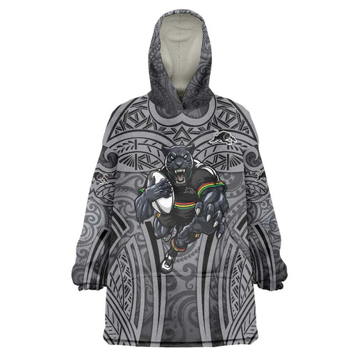 Penrith Panthers Rugby Wearable Blanket Hoodie Polynesian Tribal Panther Warrior Black Grey Pattern