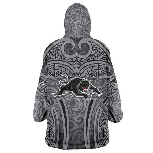 Penrith Panthers Rugby Wearable Blanket Hoodie Polynesian Tribal Panther Warrior Black Grey Pattern