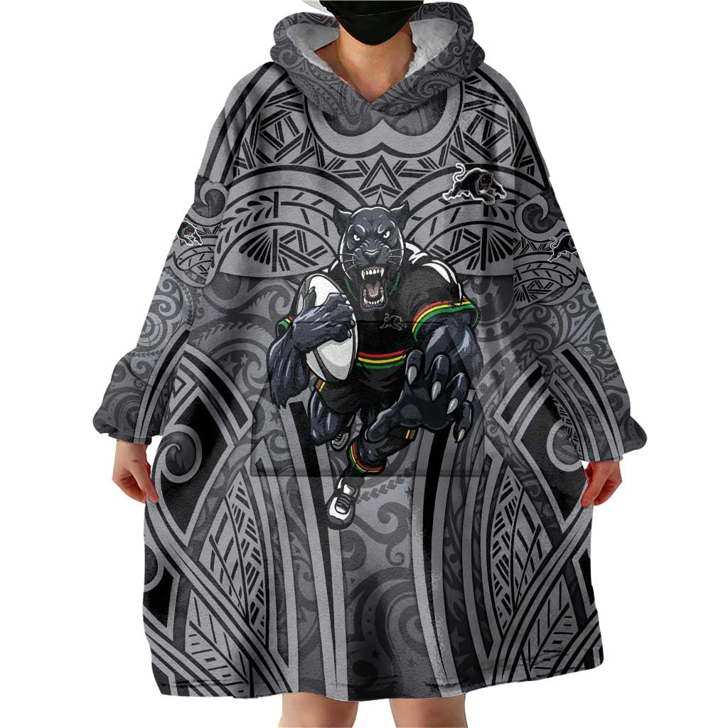 Penrith Panthers Rugby Wearable Blanket Hoodie Polynesian Tribal Panther Warrior Black Grey Pattern