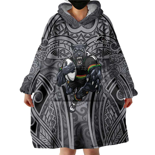 Penrith Panthers Rugby Wearable Blanket Hoodie Polynesian Tribal Panther Warrior Black Grey Pattern