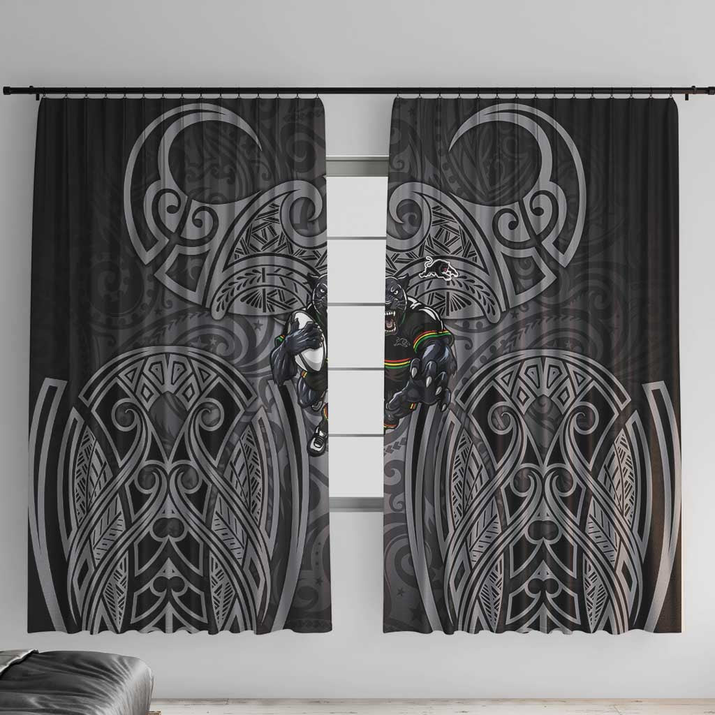 Penrith Panthers Rugby Window Curtain Polynesian Tribal Panther Warrior Black Grey Pattern