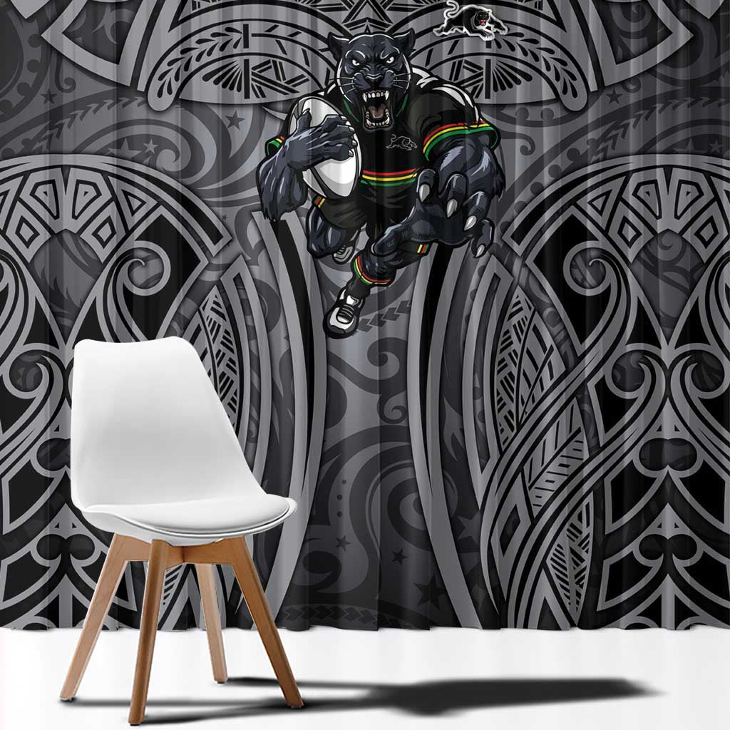 Penrith Panthers Rugby Window Curtain Polynesian Tribal Panther Warrior Black Grey Pattern