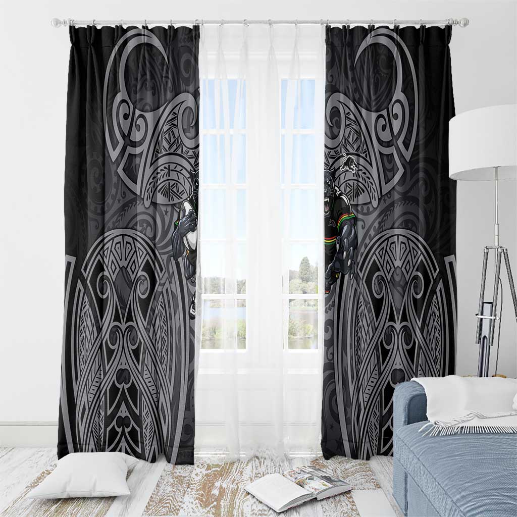 Penrith Panthers Rugby Window Curtain Polynesian Tribal Panther Warrior Black Grey Pattern