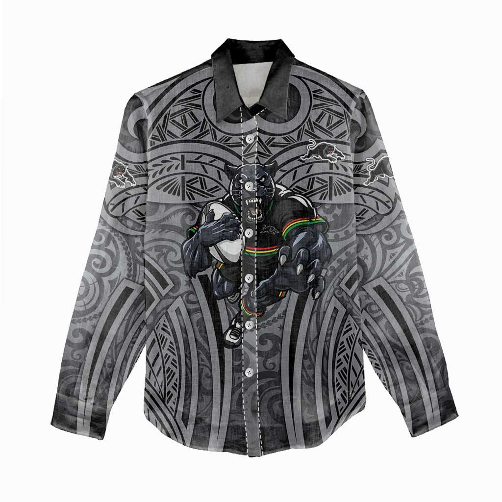 Penrith Panthers Rugby Women Casual Shirt Polynesian Tribal Panther Warrior Black Grey Pattern