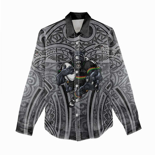 Penrith Panthers Rugby Women Casual Shirt Polynesian Tribal Panther Warrior Black Grey Pattern