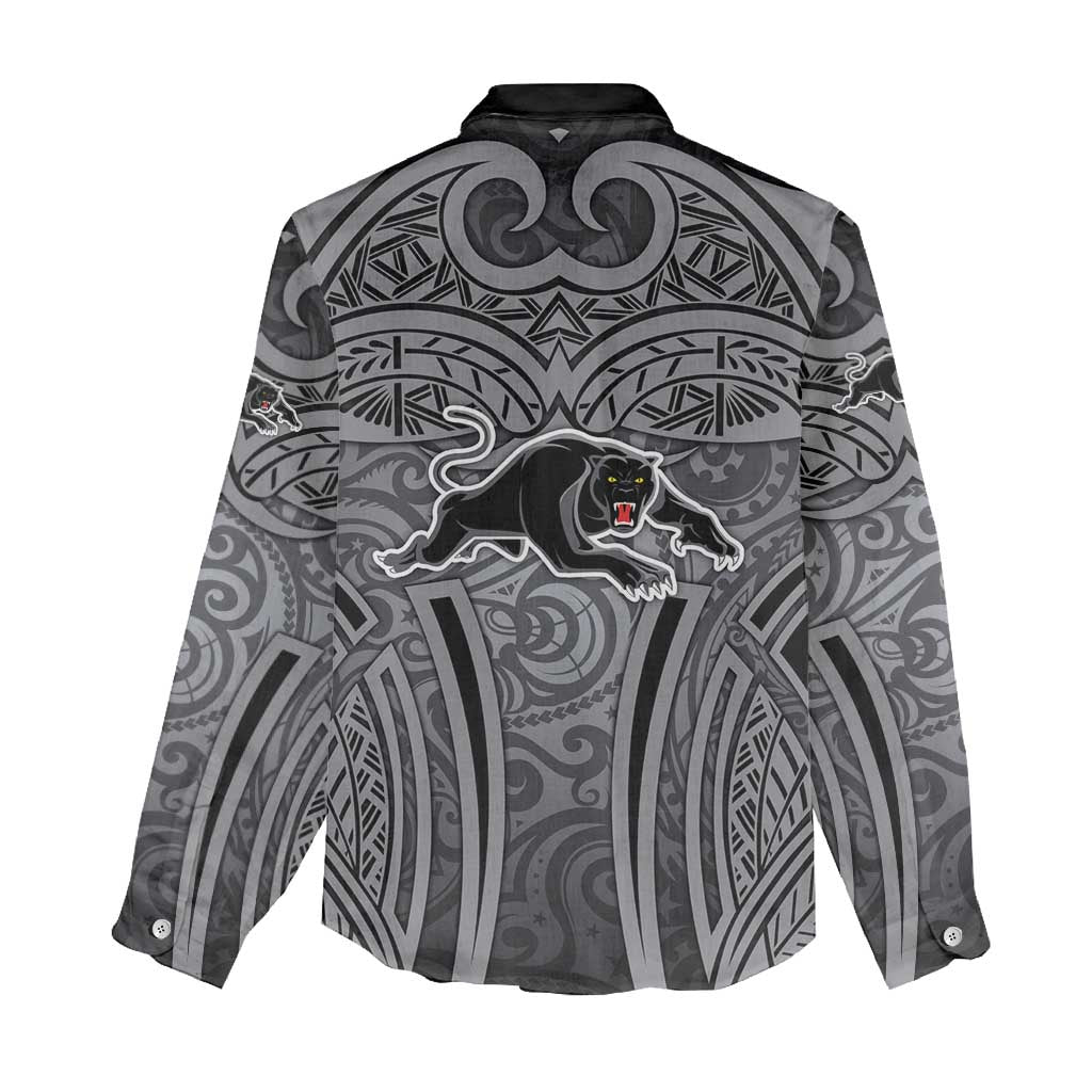 Penrith Panthers Rugby Women Casual Shirt Polynesian Tribal Panther Warrior Black Grey Pattern