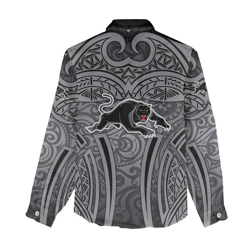 Penrith Panthers Rugby Women Casual Shirt Polynesian Tribal Panther Warrior Black Grey Pattern