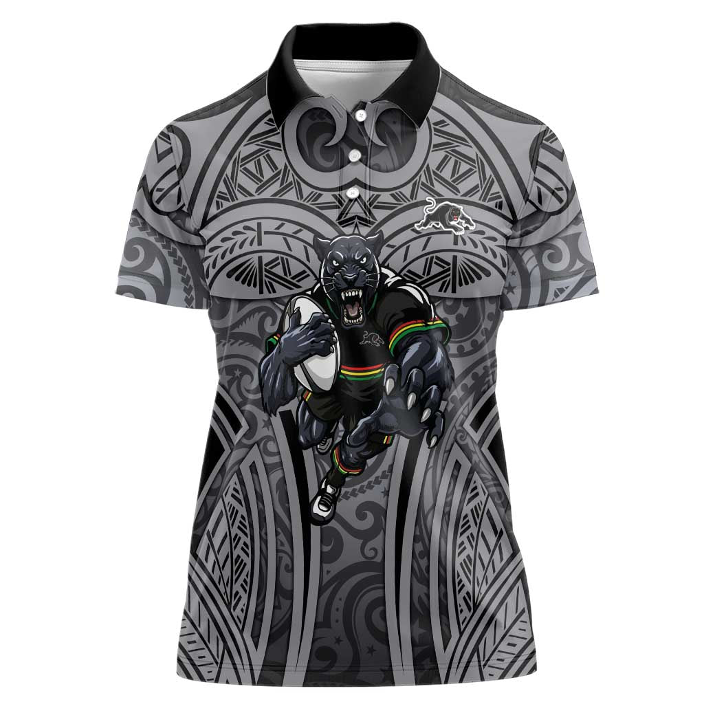Penrith Panthers Rugby Women Polo Shirt Polynesian Tribal Panther Warrior Black Grey Pattern