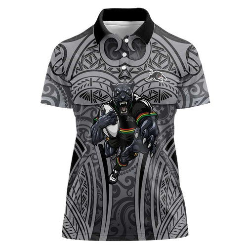 Penrith Panthers Rugby Women Polo Shirt Polynesian Tribal Panther Warrior Black Grey Pattern