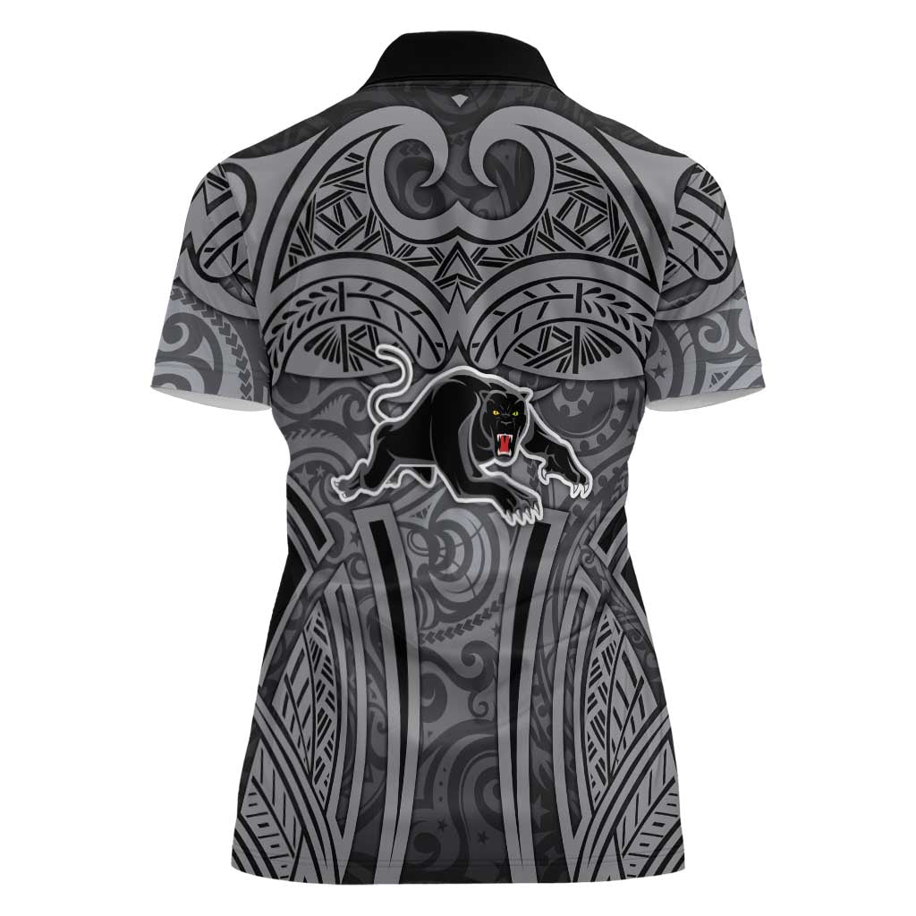 Penrith Panthers Rugby Women Polo Shirt Polynesian Tribal Panther Warrior Black Grey Pattern