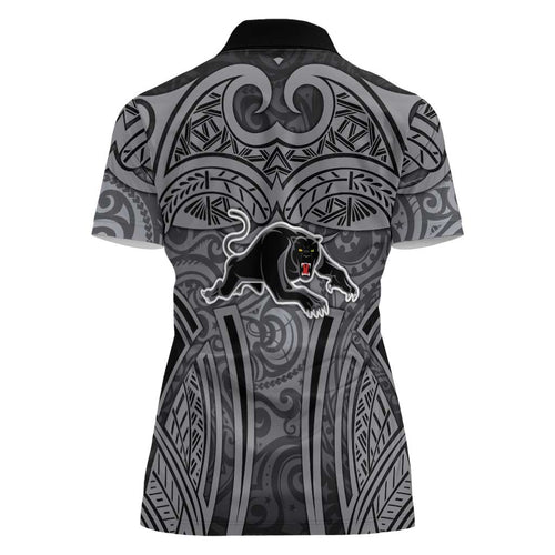 Penrith Panthers Rugby Women Polo Shirt Polynesian Tribal Panther Warrior Black Grey Pattern