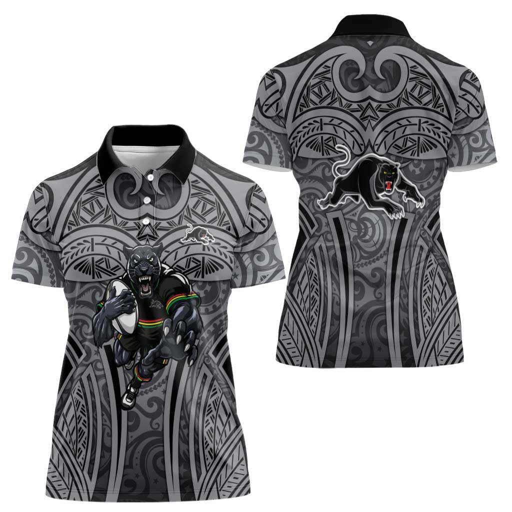 Penrith Panthers Rugby Women Polo Shirt Polynesian Tribal Panther Warrior Black Grey Pattern