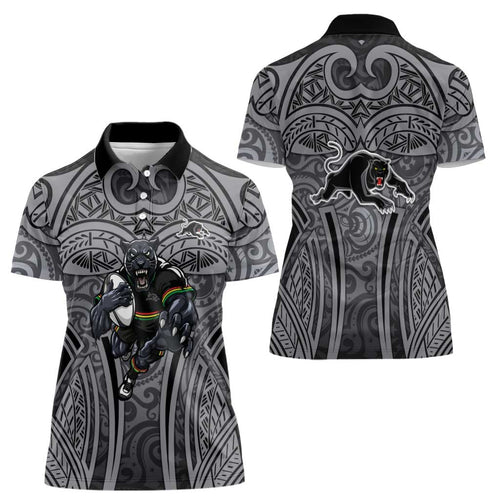Penrith Panthers Rugby Women Polo Shirt Polynesian Tribal Panther Warrior Black Grey Pattern