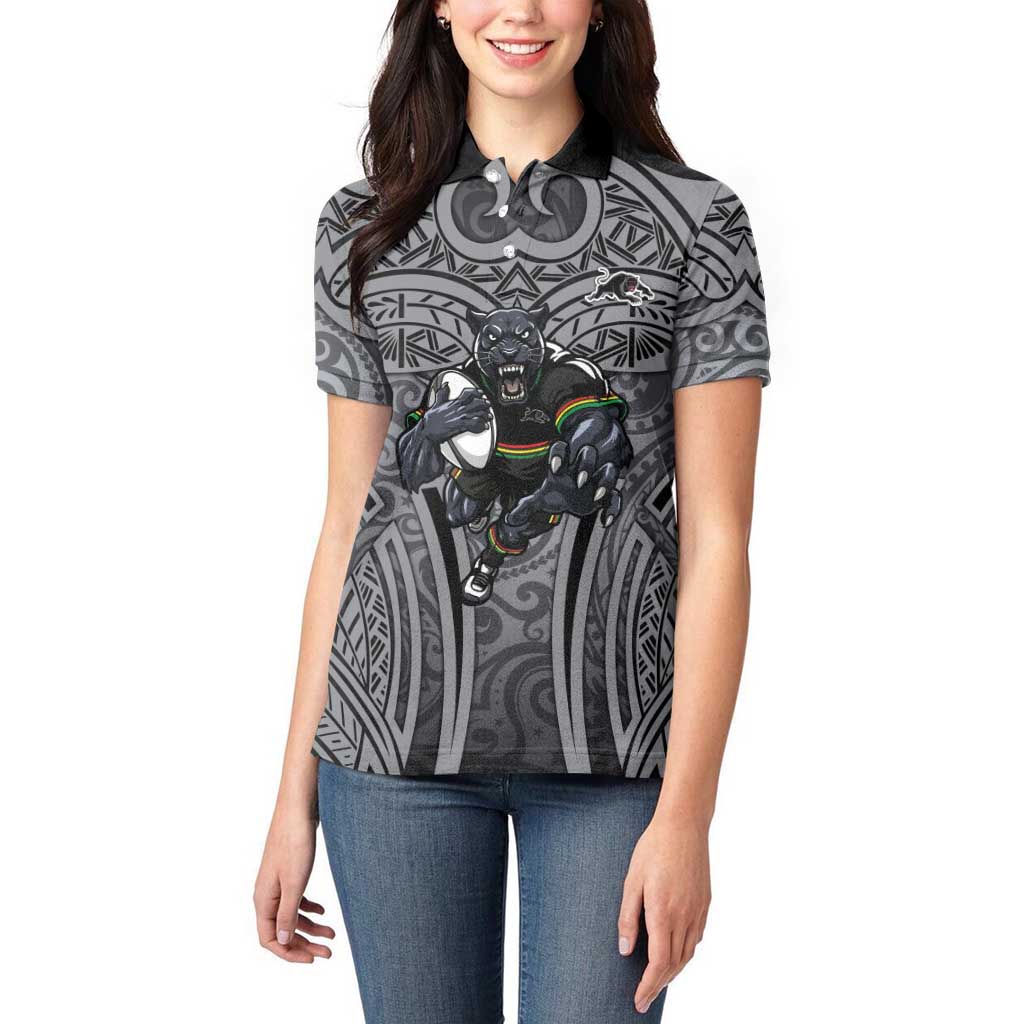 Penrith Panthers Rugby Women Polo Shirt Polynesian Tribal Panther Warrior Black Grey Pattern
