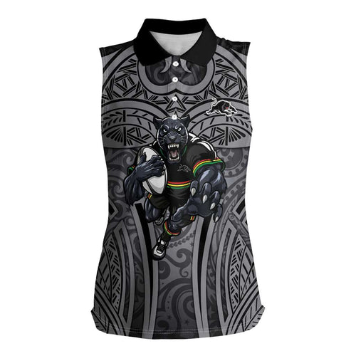 Penrith Panthers Rugby Women Sleeveless Polo Shirt Polynesian Tribal Panther Warrior Black Grey Pattern