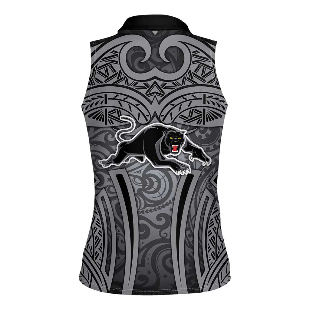 Penrith Panthers Rugby Women Sleeveless Polo Shirt Polynesian Tribal Panther Warrior Black Grey Pattern