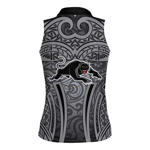 Penrith Panthers Rugby Women Sleeveless Polo Shirt Polynesian Tribal Panther Warrior Black Grey Pattern