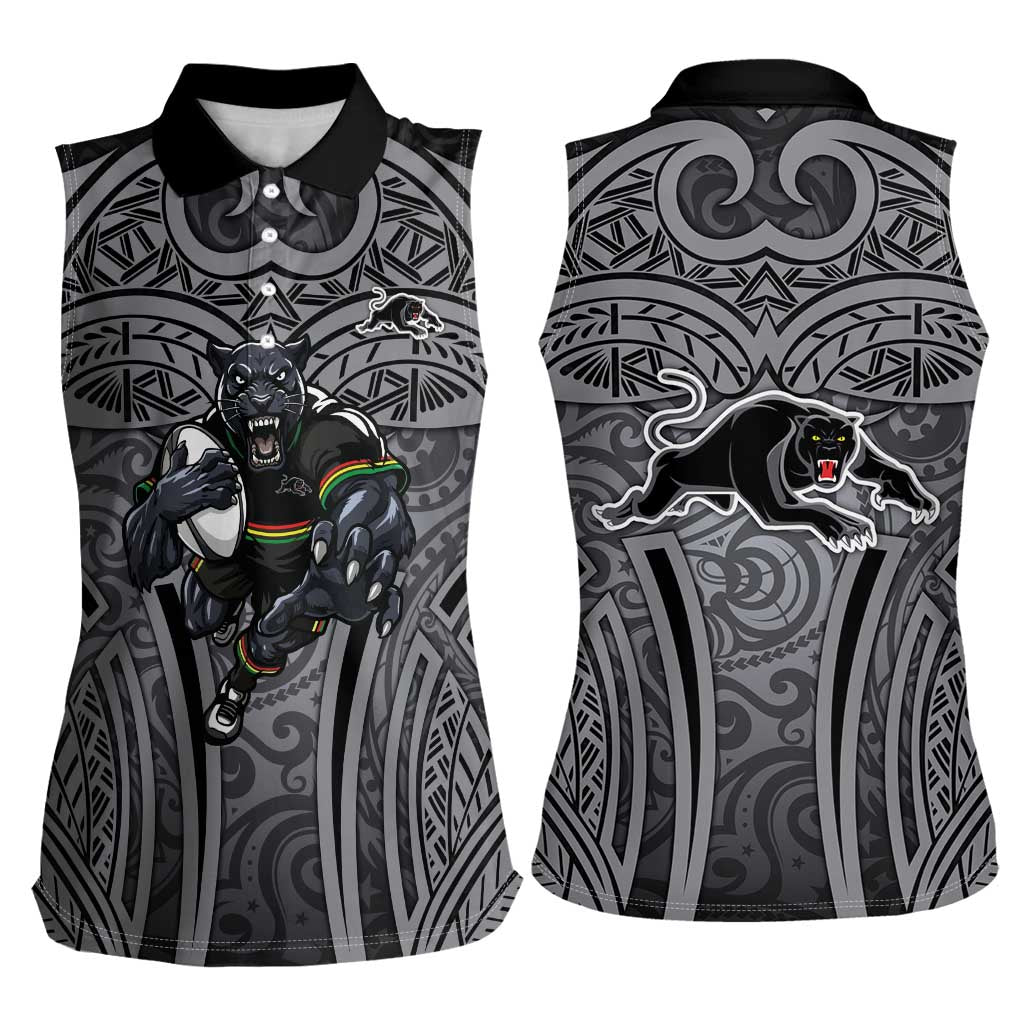 Penrith Panthers Rugby Women Sleeveless Polo Shirt Polynesian Tribal Panther Warrior Black Grey Pattern