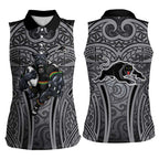 Penrith Panthers Rugby Women Sleeveless Polo Shirt Polynesian Tribal Panther Warrior Black Grey Pattern