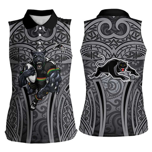 Penrith Panthers Rugby Women Sleeveless Polo Shirt Polynesian Tribal Panther Warrior Black Grey Pattern
