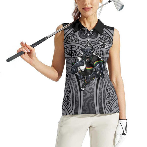 Penrith Panthers Rugby Women Sleeveless Polo Shirt Polynesian Tribal Panther Warrior Black Grey Pattern