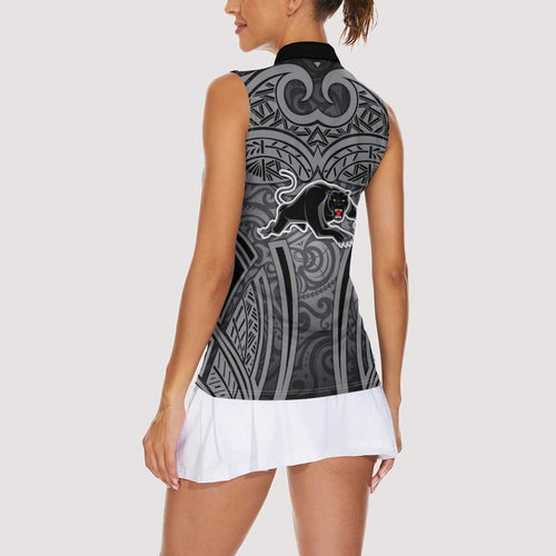 Penrith Panthers Rugby Women Sleeveless Polo Shirt Polynesian Tribal Panther Warrior Black Grey Pattern