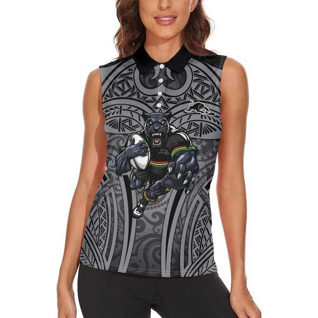 Penrith Panthers Rugby Women Sleeveless Polo Shirt Polynesian Tribal Panther Warrior Black Grey Pattern
