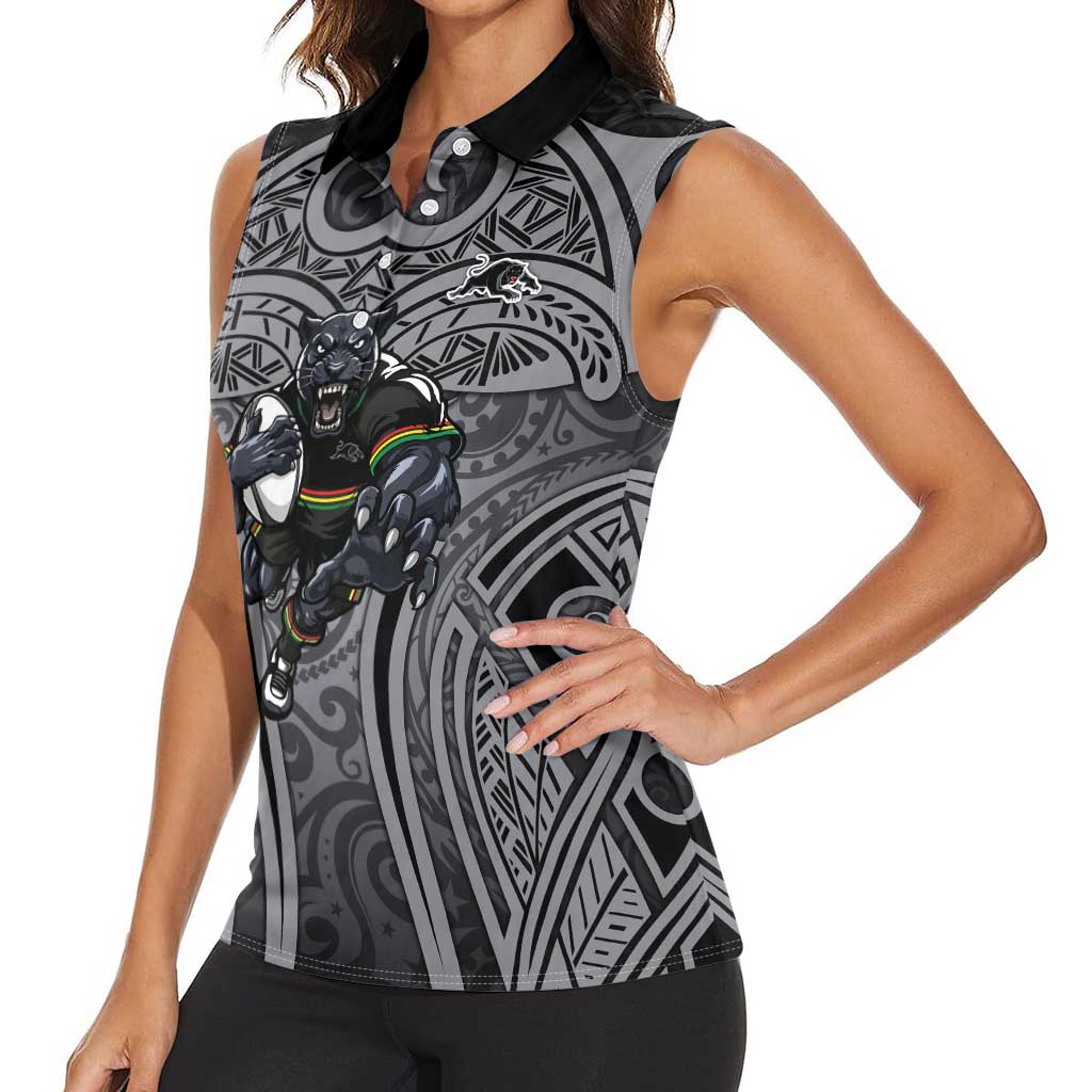Penrith Panthers Rugby Women Sleeveless Polo Shirt Polynesian Tribal Panther Warrior Black Grey Pattern