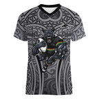 Penrith Panthers Rugby Women V-Neck T-Shirt Polynesian Tribal Panther Warrior Black Grey Pattern