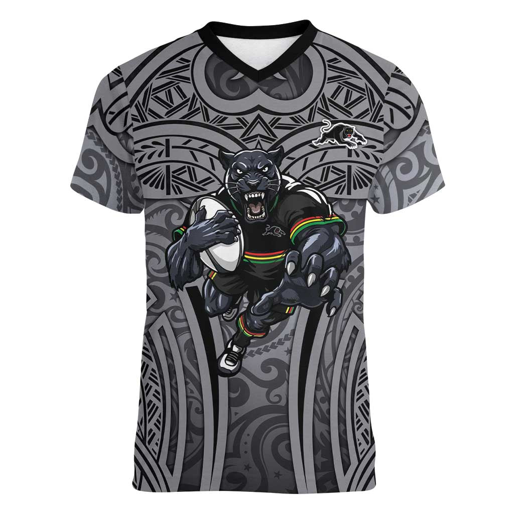 Penrith Panthers Rugby Women V-Neck T-Shirt Polynesian Tribal Panther Warrior Black Grey Pattern