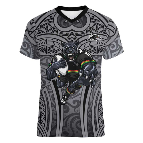 Penrith Panthers Rugby Women V-Neck T-Shirt Polynesian Tribal Panther Warrior Black Grey Pattern