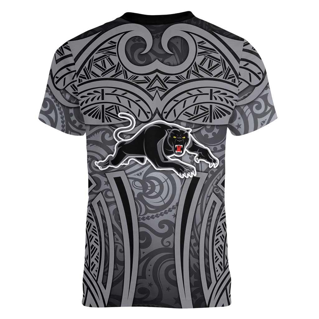 Penrith Panthers Rugby Women V-Neck T-Shirt Polynesian Tribal Panther Warrior Black Grey Pattern