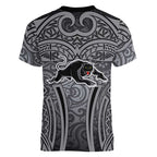 Penrith Panthers Rugby Women V-Neck T-Shirt Polynesian Tribal Panther Warrior Black Grey Pattern