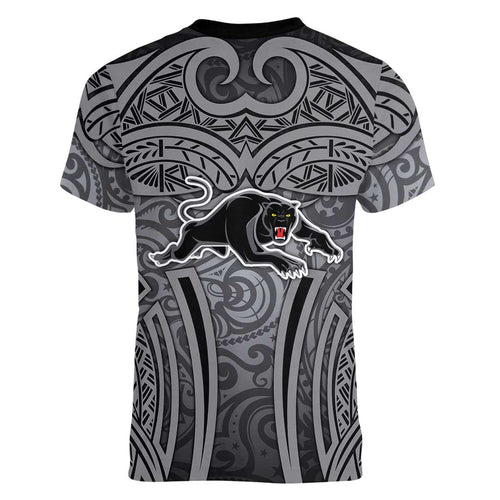 Penrith Panthers Rugby Women V-Neck T-Shirt Polynesian Tribal Panther Warrior Black Grey Pattern
