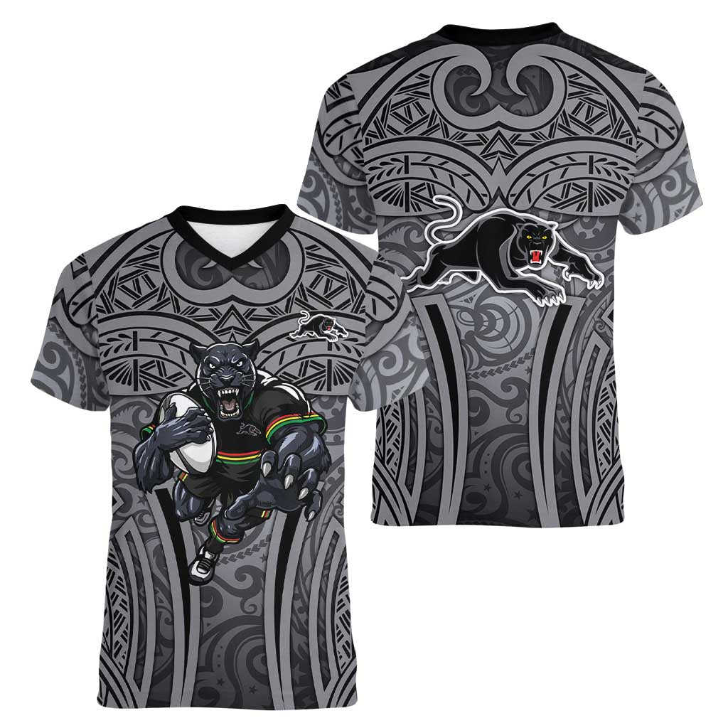 Penrith Panthers Rugby Women V-Neck T-Shirt Polynesian Tribal Panther Warrior Black Grey Pattern