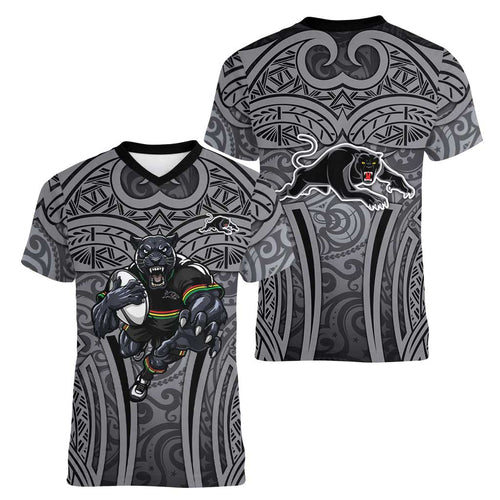 Penrith Panthers Rugby Women V-Neck T-Shirt Polynesian Tribal Panther Warrior Black Grey Pattern