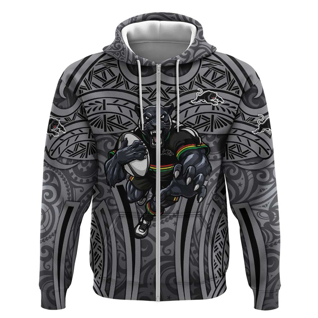 Penrith Panthers Rugby Zip Hoodie Polynesian Tribal Panther Warrior Black Grey Pattern