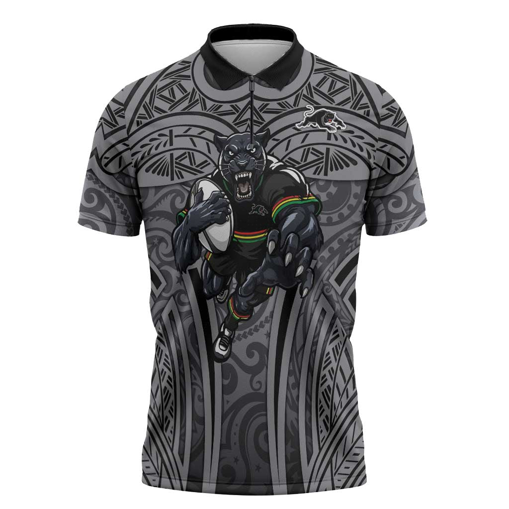 Penrith Panthers Rugby Zipper Polo Shirt Polynesian Tribal Panther Warrior Black Grey Pattern