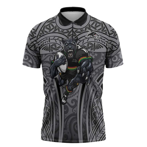 Penrith Panthers Rugby Zipper Polo Shirt Polynesian Tribal Panther Warrior Black Grey Pattern