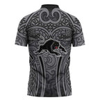 Penrith Panthers Rugby Zipper Polo Shirt Polynesian Tribal Panther Warrior Black Grey Pattern