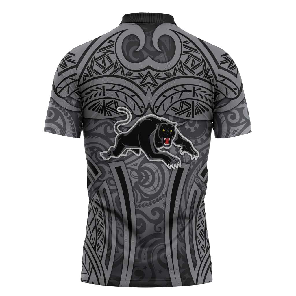 Penrith Panthers Rugby Zipper Polo Shirt Polynesian Tribal Panther Warrior Black Grey Pattern