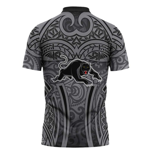 Penrith Panthers Rugby Zipper Polo Shirt Polynesian Tribal Panther Warrior Black Grey Pattern
