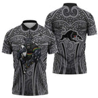 Penrith Panthers Rugby Zipper Polo Shirt Polynesian Tribal Panther Warrior Black Grey Pattern